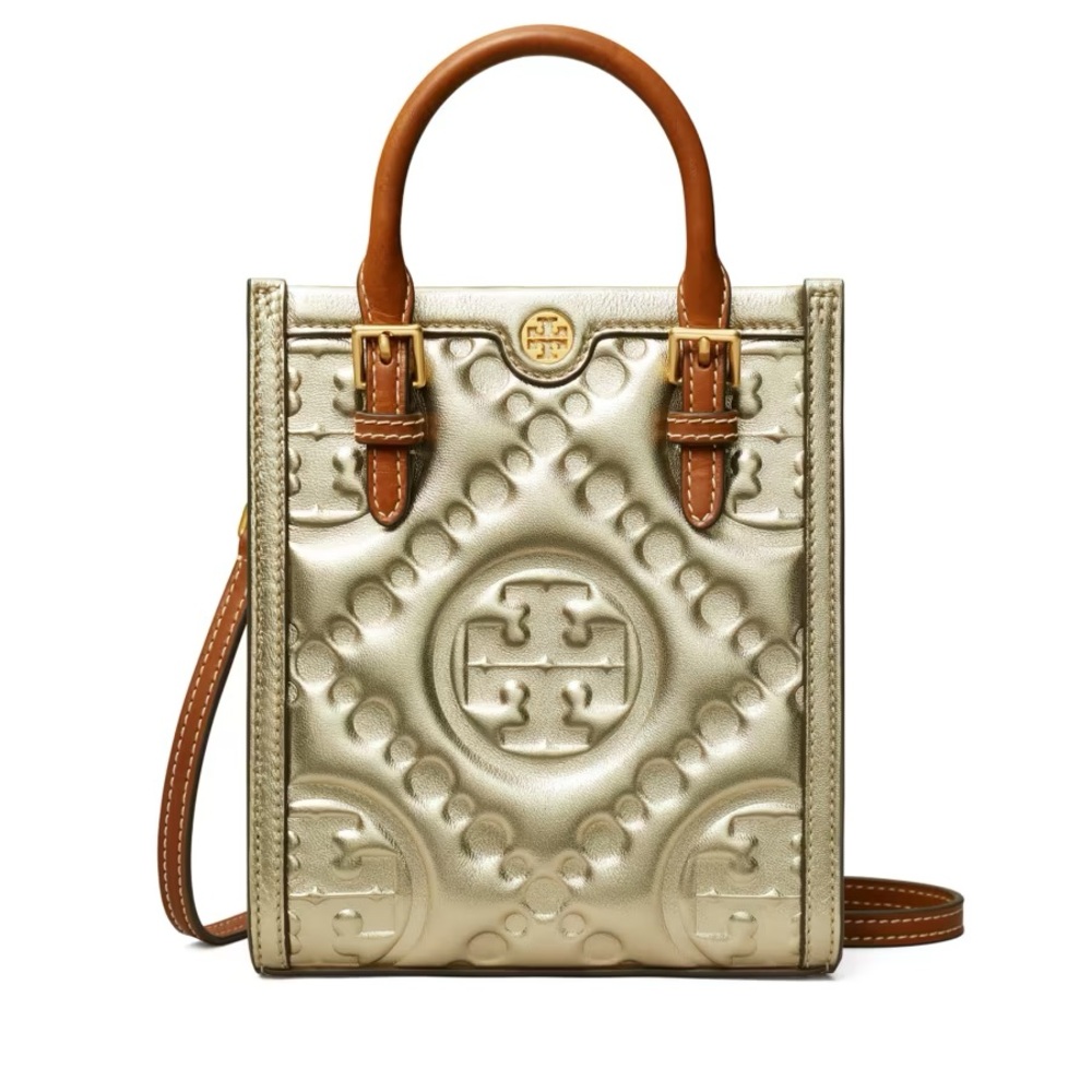 Tory Burch Metallic Puffy Crossbody with Brown Leather Handles